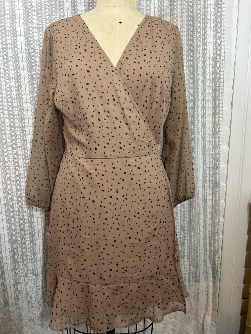 Abercrombie & Fitch Taupe Wrap-Style Long Sleeve Dress with Black Dot Print